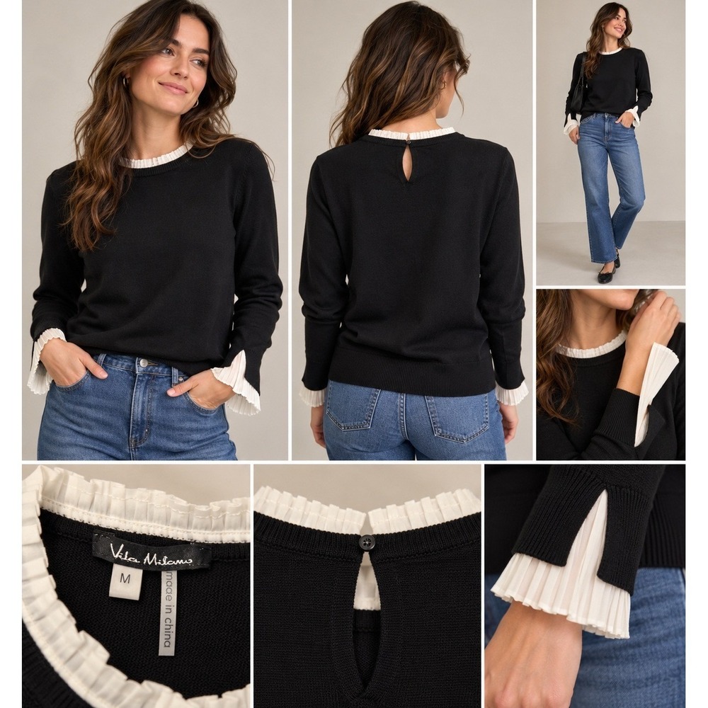 Vila Milano Black Wool Blend Ruffle Trim Pleated Cuff Sweater Medium
